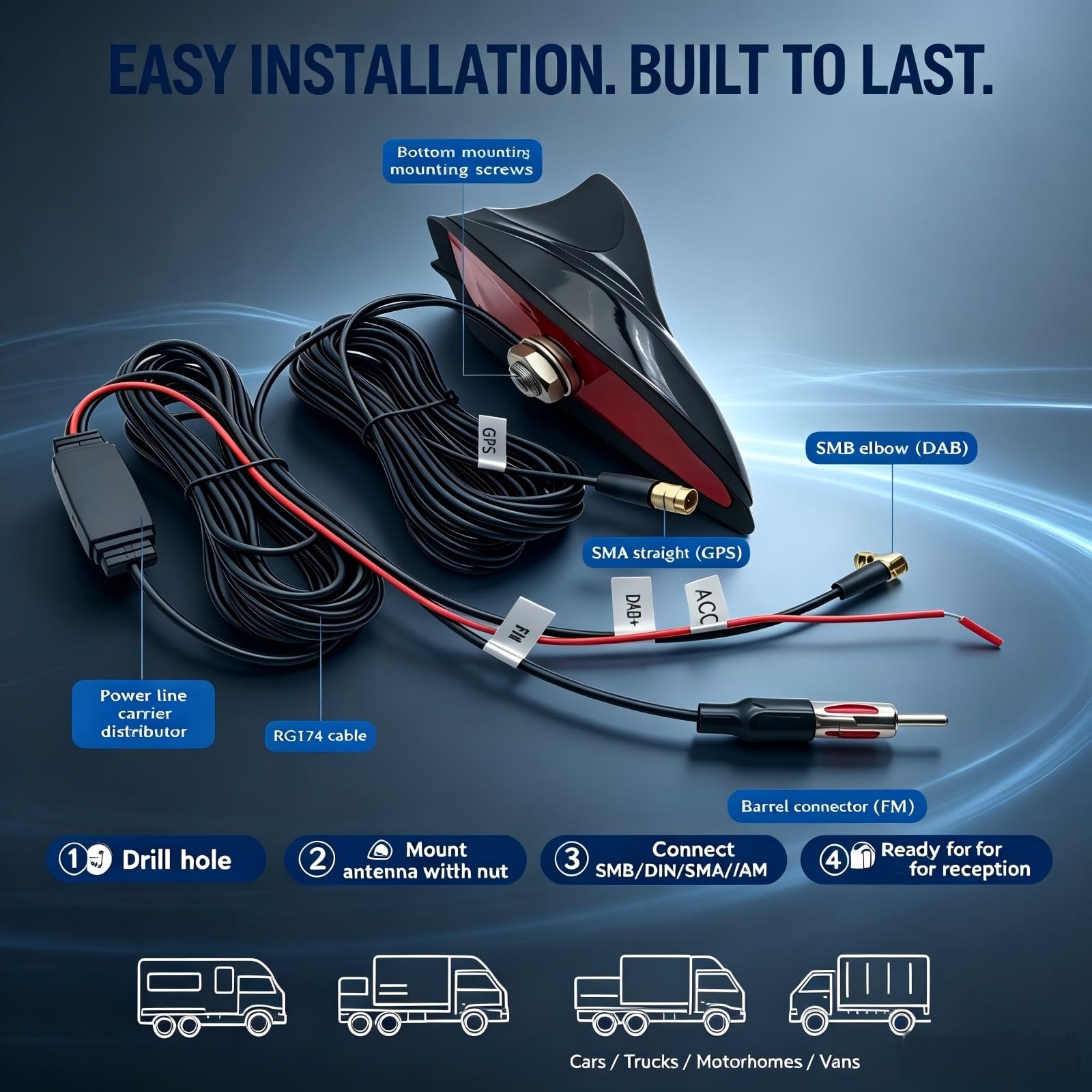 Antenne Requin Dab FM/AM GPS Amplifiée – 5m Câble SMB DIN SMA