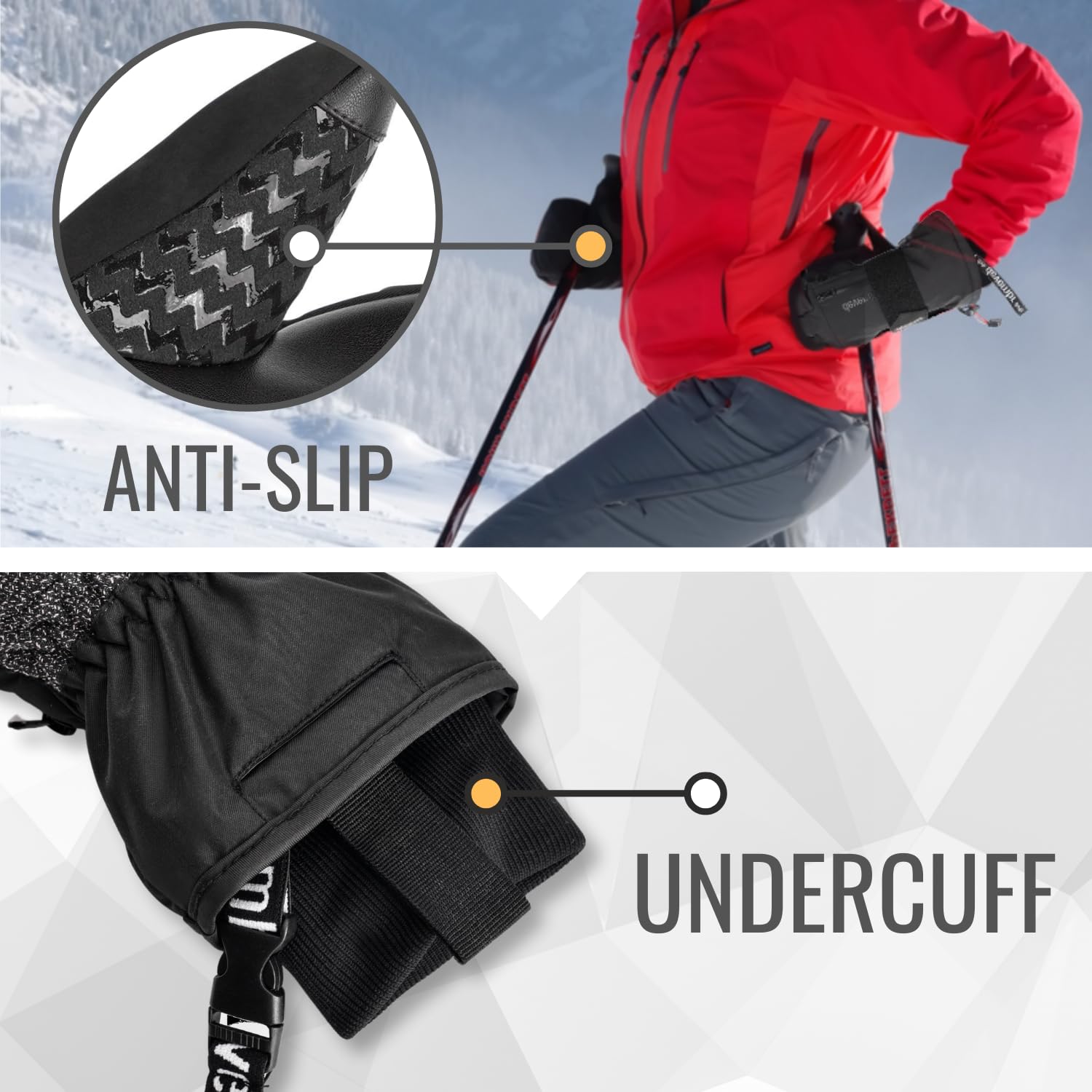 Devembr Skifäustlinge mit Handgelenkschutz, Snowboardfäustlinge Touchscreen