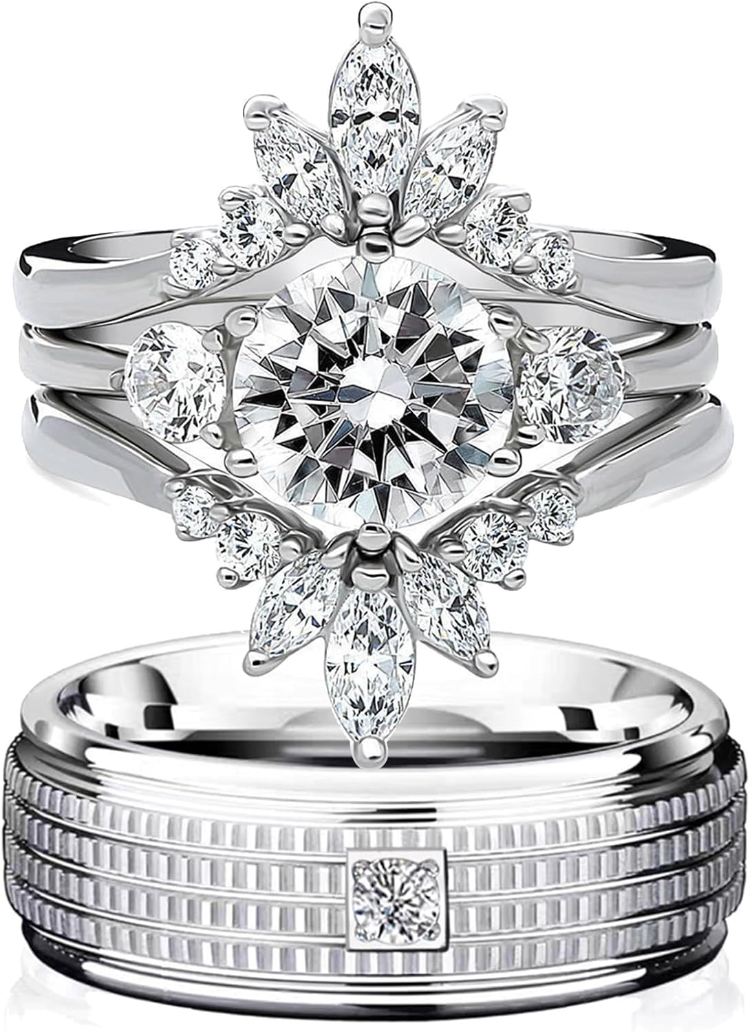 wedding ring set His Hers Couples Matching Rings 3PC Women's 10k White Gold Plated Moissanite Wedding Engagement Ring Bridal Sets & Men's Titanium Wedding Band