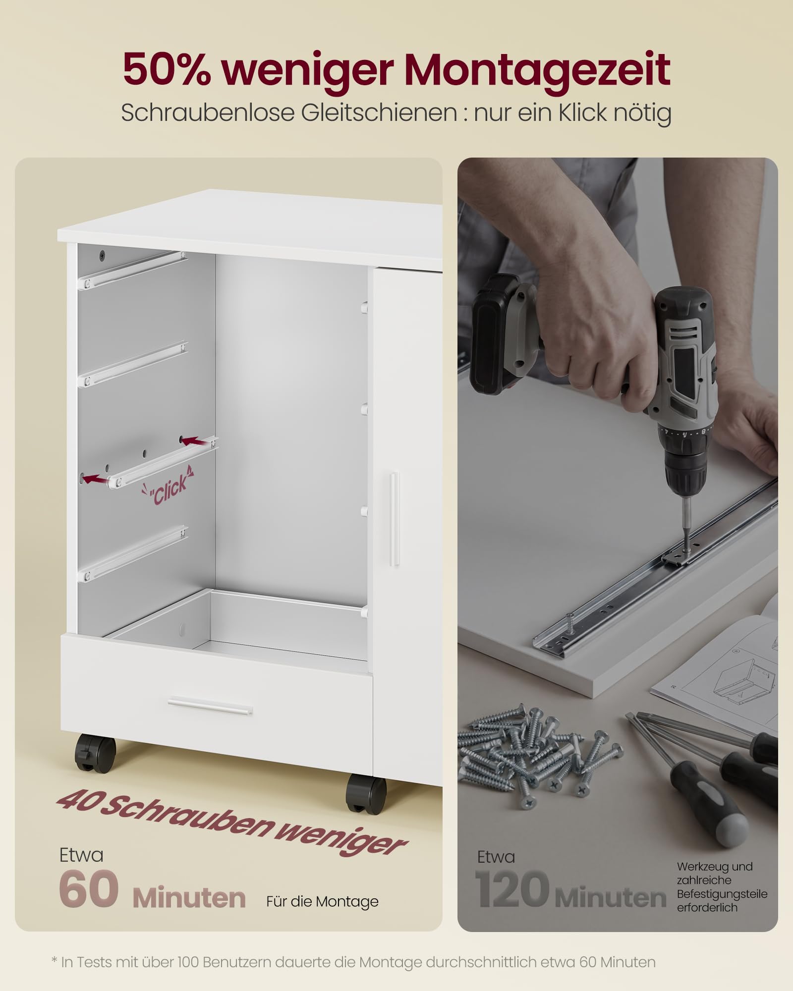 VASAGLE Rollcontainer, mobiler Aktenschrank, Schubladenschrank, Schrank mit Tür, Druckerständer mit 5 Schubladen, mit schraubenlosen Gleitschienen, für Büro, Homeoffice, wolkenweiß OFC092WB02