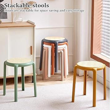 18 Inch Plastic Stacking Stools,Portable Backless Stackable Stools,Colorful Short Stool Rattan Like Seat,Nesting Stool for Kitchen Dining, Classroom, Students(4, Black)