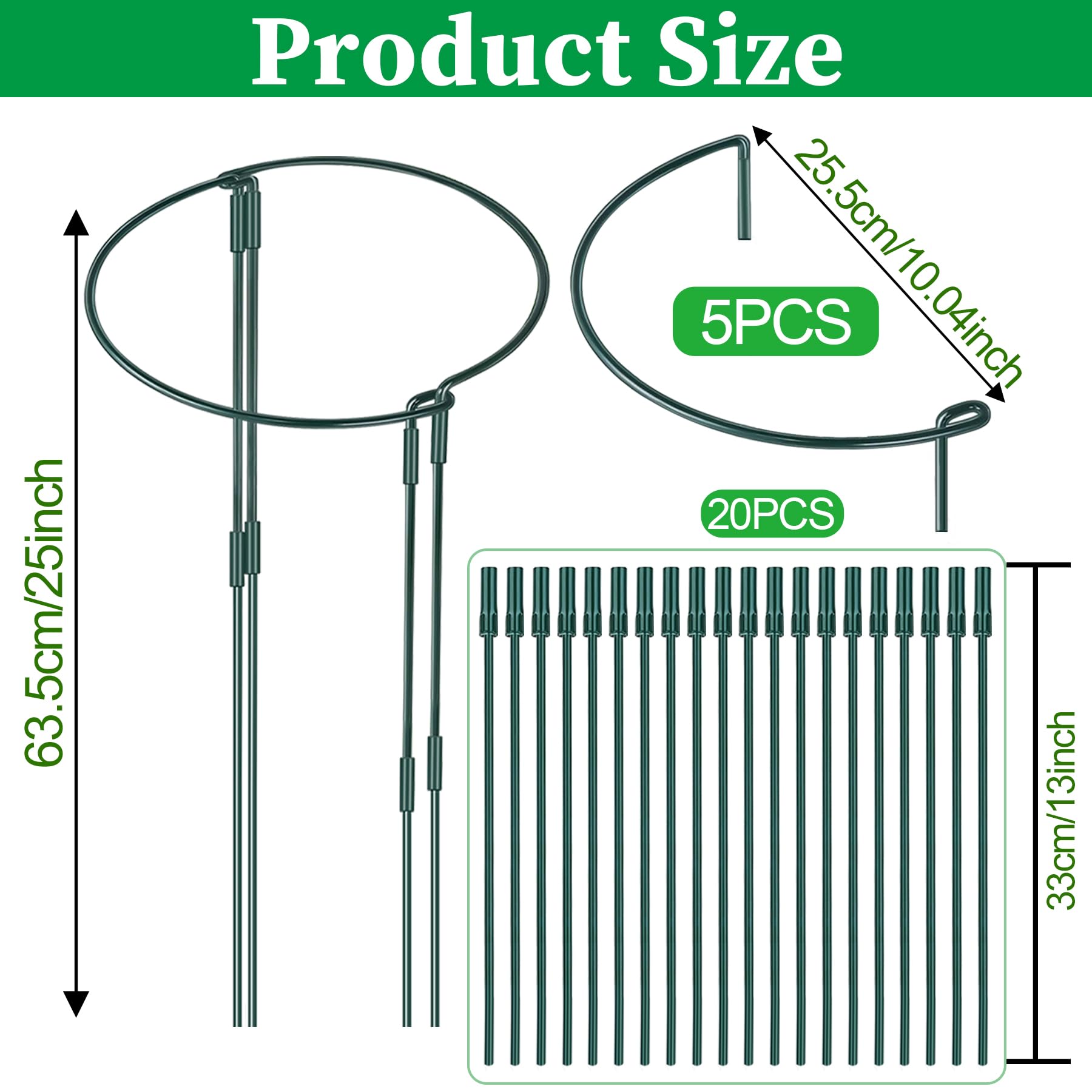 YeahBoom 5 Pezzi Pali di Supporto per Piante,25 × 60cm Regolabili Supporti per Piante Semitondi,Anello di Supporto per Piante,Semitondo Anello di Supporto,per Peonie, Vite, Piante Rampicanti Fiore