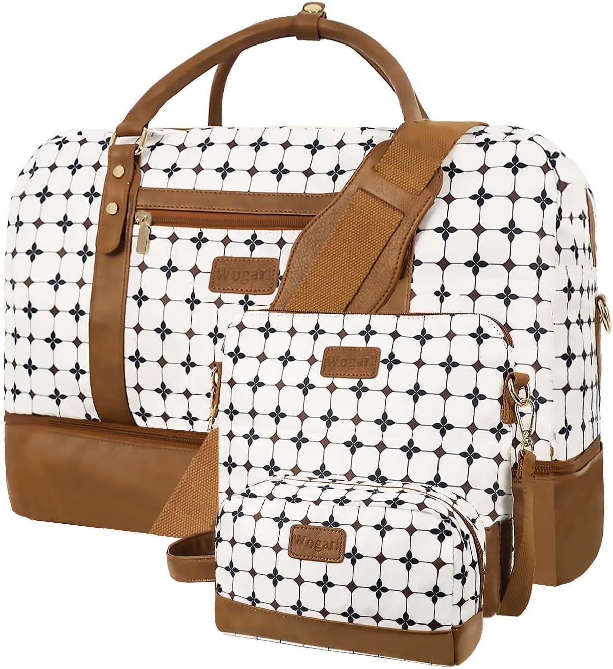 Wogarl 3PCS Weekender Bags for Women Large Overnight Bag Weekend Travel Duffel Bag Carry on Shoulder with Shoe Compartment Toiletry Bag Satchel Bag for Travel Business Gym,Brown Cow