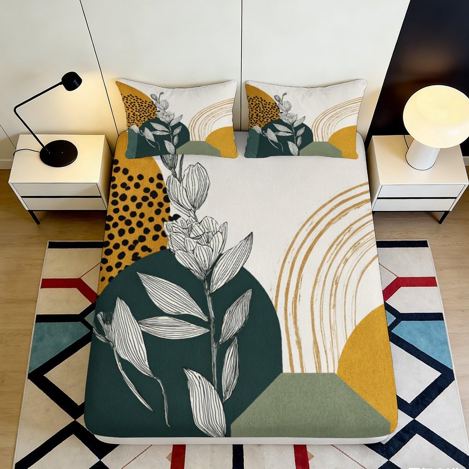 3D Printed Abstract Geometric Botanical Fitted Sheet Microfiber Non Slip Mattress Cover for Bedroom Guest Room Decor 90x200x25cm