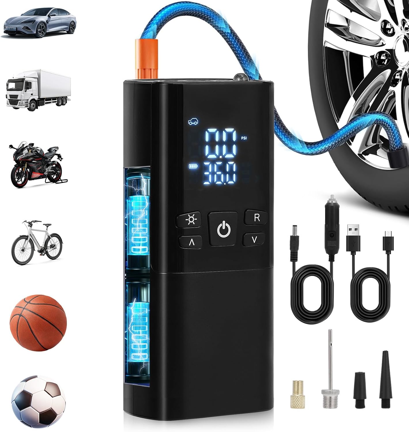 Tire Inflator Portable Air Compressor, Air Pump for Car Tires with Digital Pressure Gauge, LED Light and Auto Shut-Off Function - Cordless Rechargeable Pump for Car, Motorcycle, Bicycle, Ball