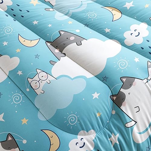 Miniatura 5 de QOOMO Edredón de gato tamaño individual, juego de edredón de gatos de nube azul para niños, adolescentes, niñas, niños, juego de ropa de cama