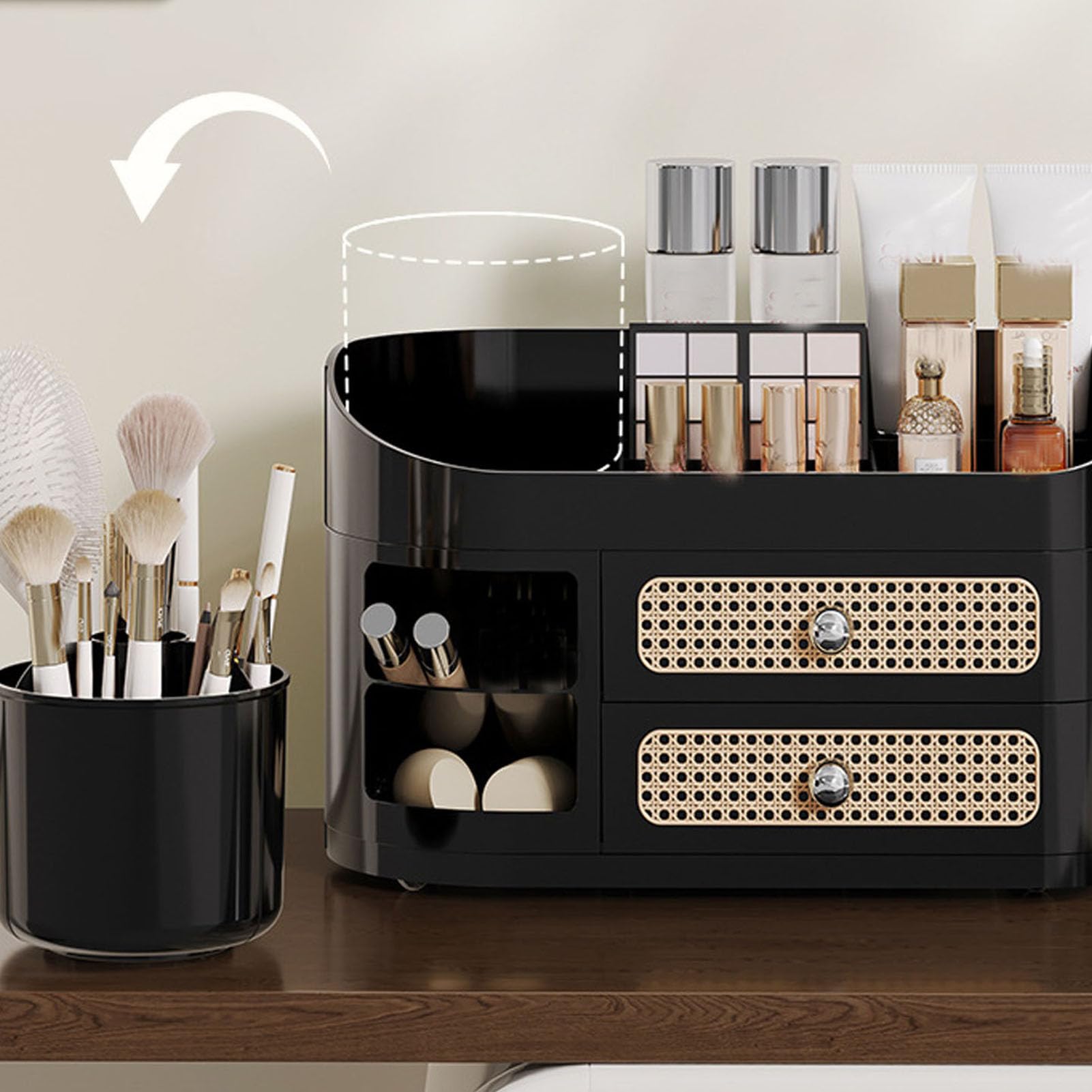 Asixxsix Organizer per Trucco da Scrivania in Rattan, con 2 Cassetti e Scomparti Multistrato per Cosmetici Cura della Pelle Vanity Bagno Controsoffitto Home Office (BLACK)