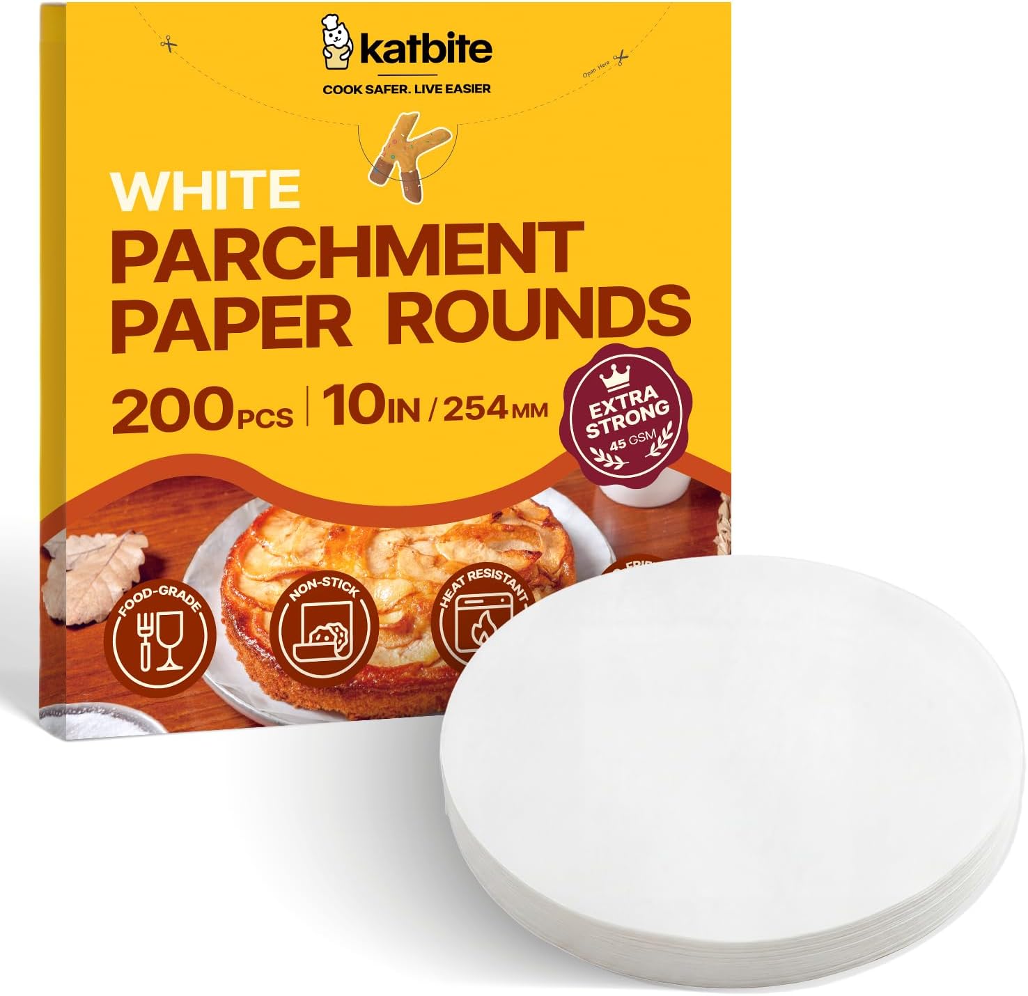 Katbite Heavy Duty Parchment Rounds 10 Inch, 200Pcs Round Parchment Paper Rounds, Use for Cake Baking, Air Fryer Liners, Separating Frozen Patty, Toaster Oven, Tortilla Press