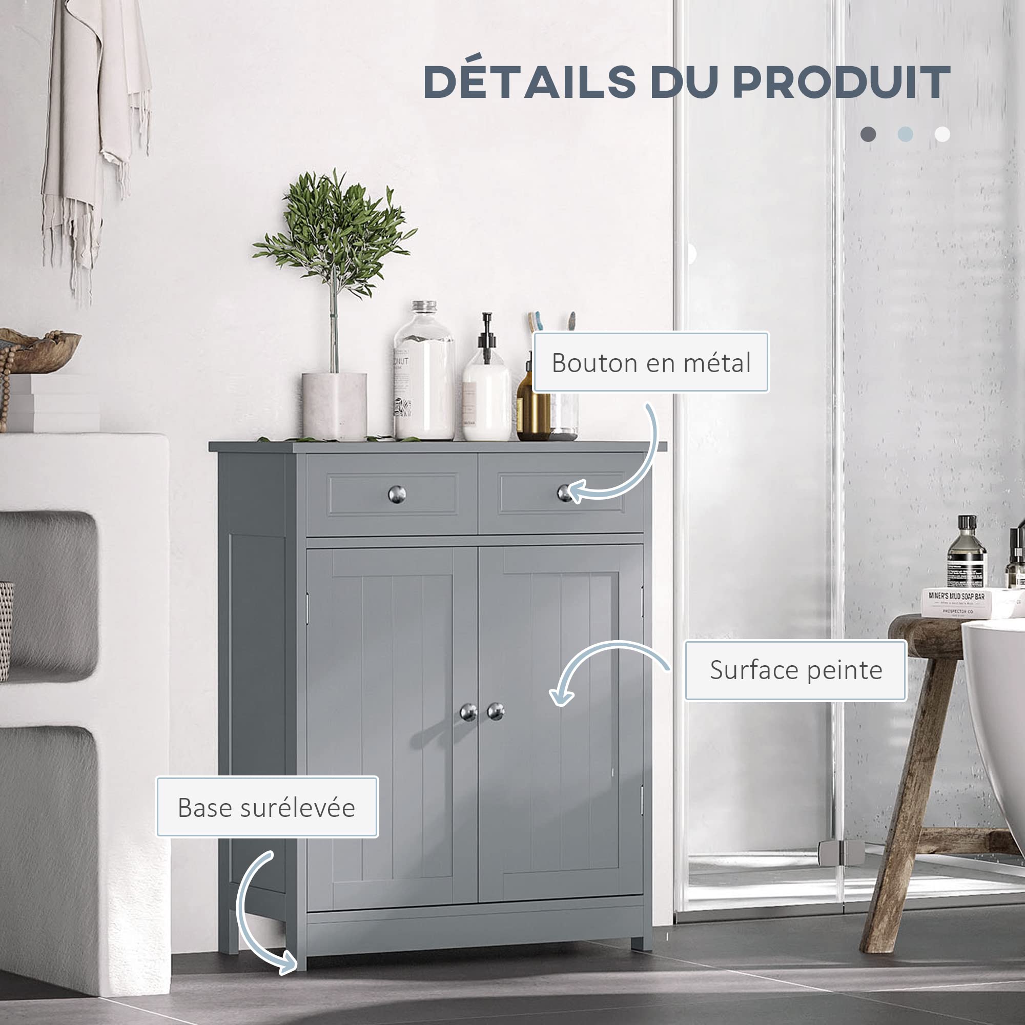 kleankin Meuble de Salle de Bain avec 2 Tiroirs 60 x 30 x 75 cm Gris | Meuble de Rangement avec Placard Double Porte, Étagère Réglable, Armoire Salle de Bain, Salon, Chambre