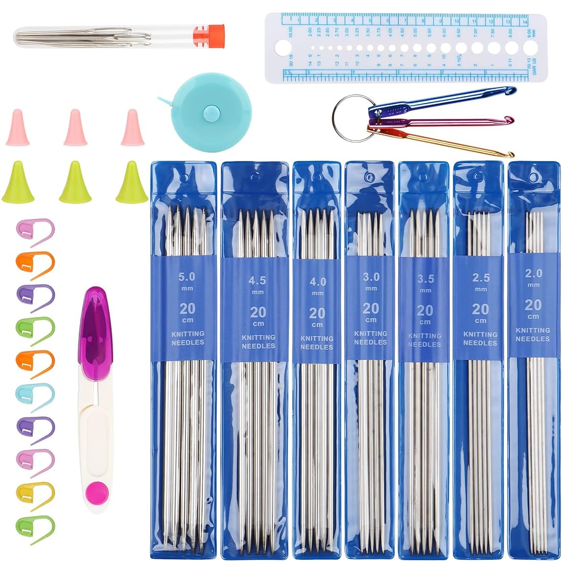 Set 35 Ferri Da Maglia A Doppia Punta 20 Cm - 7 Misure Da 2 A 5 Mm, In Acciaio Inox, Per Principianti Ed Esperti