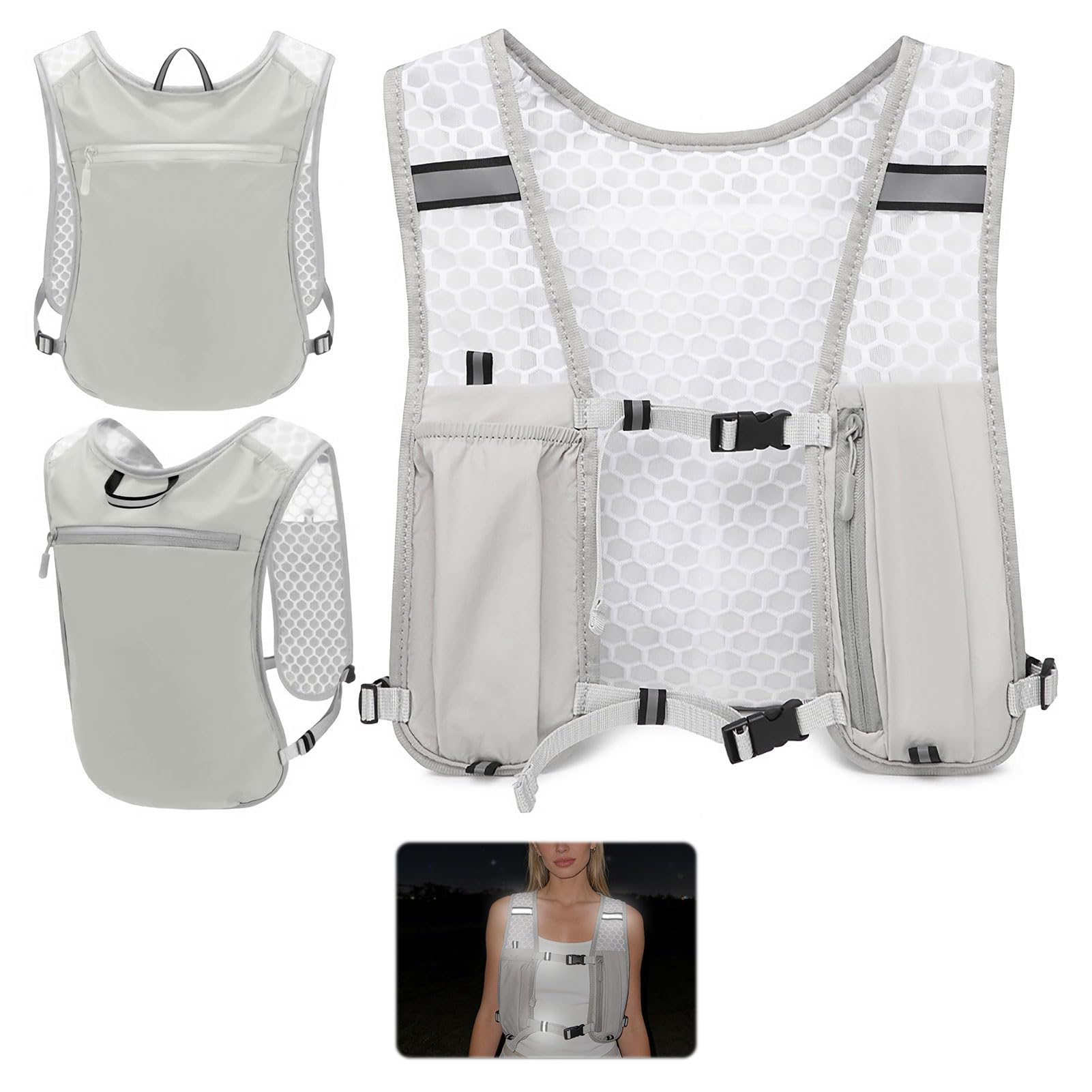 Unisex Running Vest, Adjustable Running Vest with Phone Holder & 500ml Bottle Storage, Portable and Comfortable Vests with Reflective Strips for Trailrunning Hiking Marathon Running Cycling, Grey