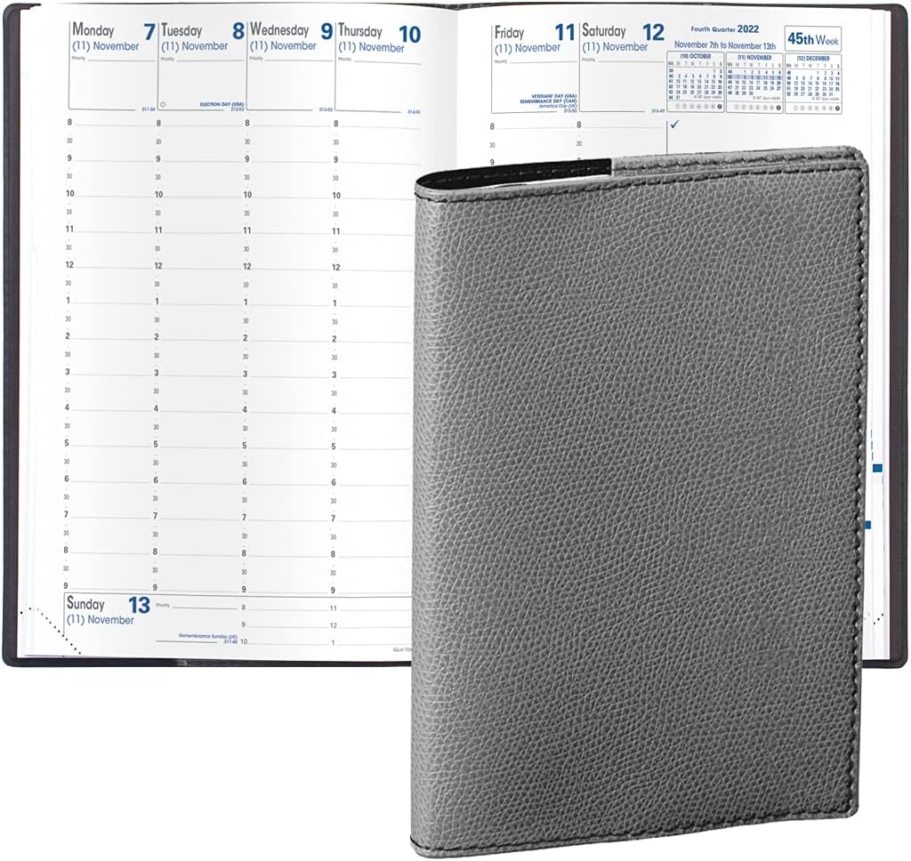 Quo Vadis 2022 Minister - Weekly/Monthly Planner - 13 Months, Dec. to Dec. - 6 1/4 x 9 3/8" - Grained Faux Leather Club Grey Cover- Time Management Appointment Organizer