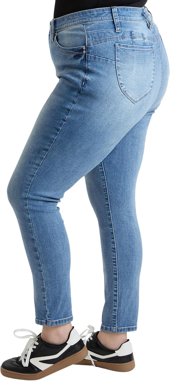 ROYALTY FOR ME Women's Plus High Rise Curve Confidence Wannabettabutt Skinny Jeans, Light Blue, 20W - Image 2