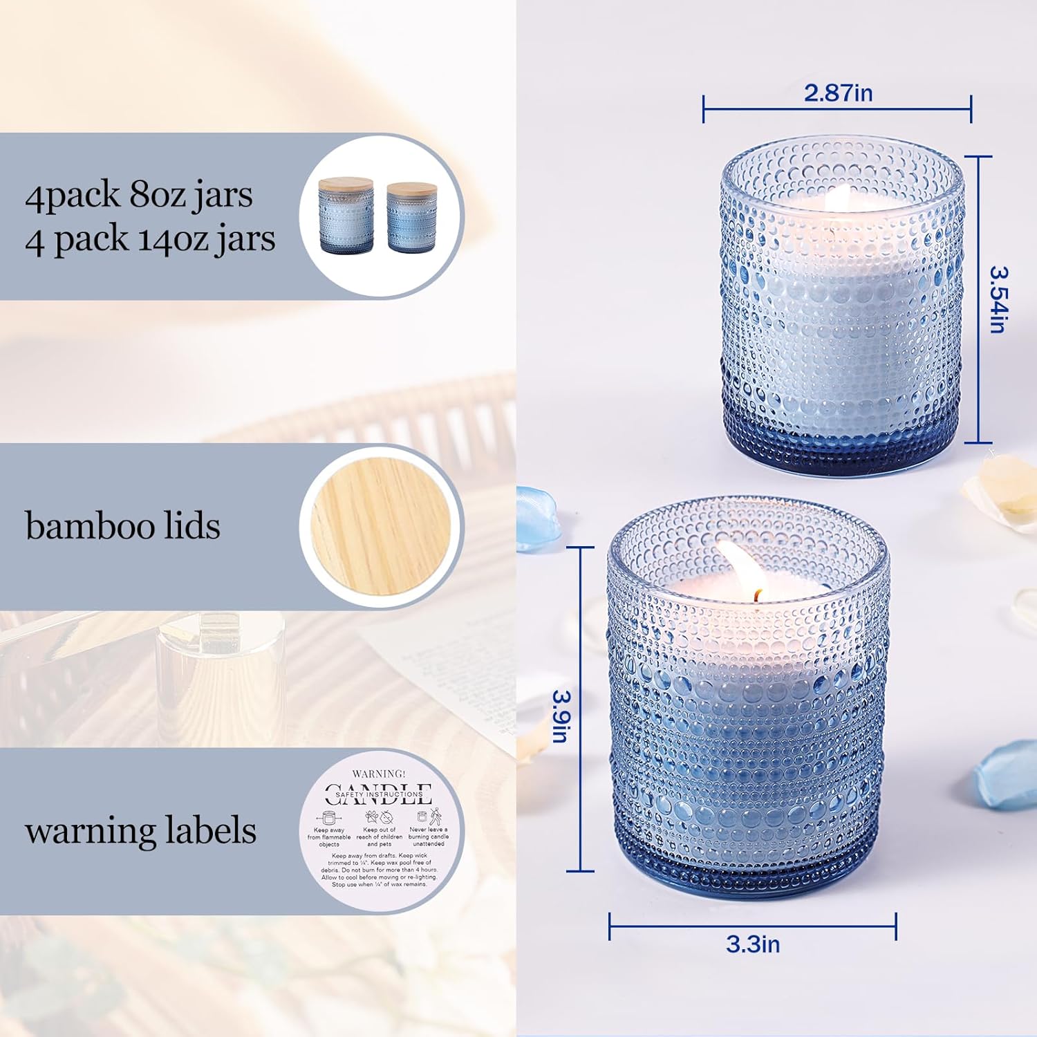 DEVI Assorted Blue Glass Candle Jars for Making Candles (8 Pack),8 oz & 14 oz Candle Jars with Bamboo Lids & Labels, Bulk Empty Storage Containers, Candle Tins Making Supplies, Blue Table Decor