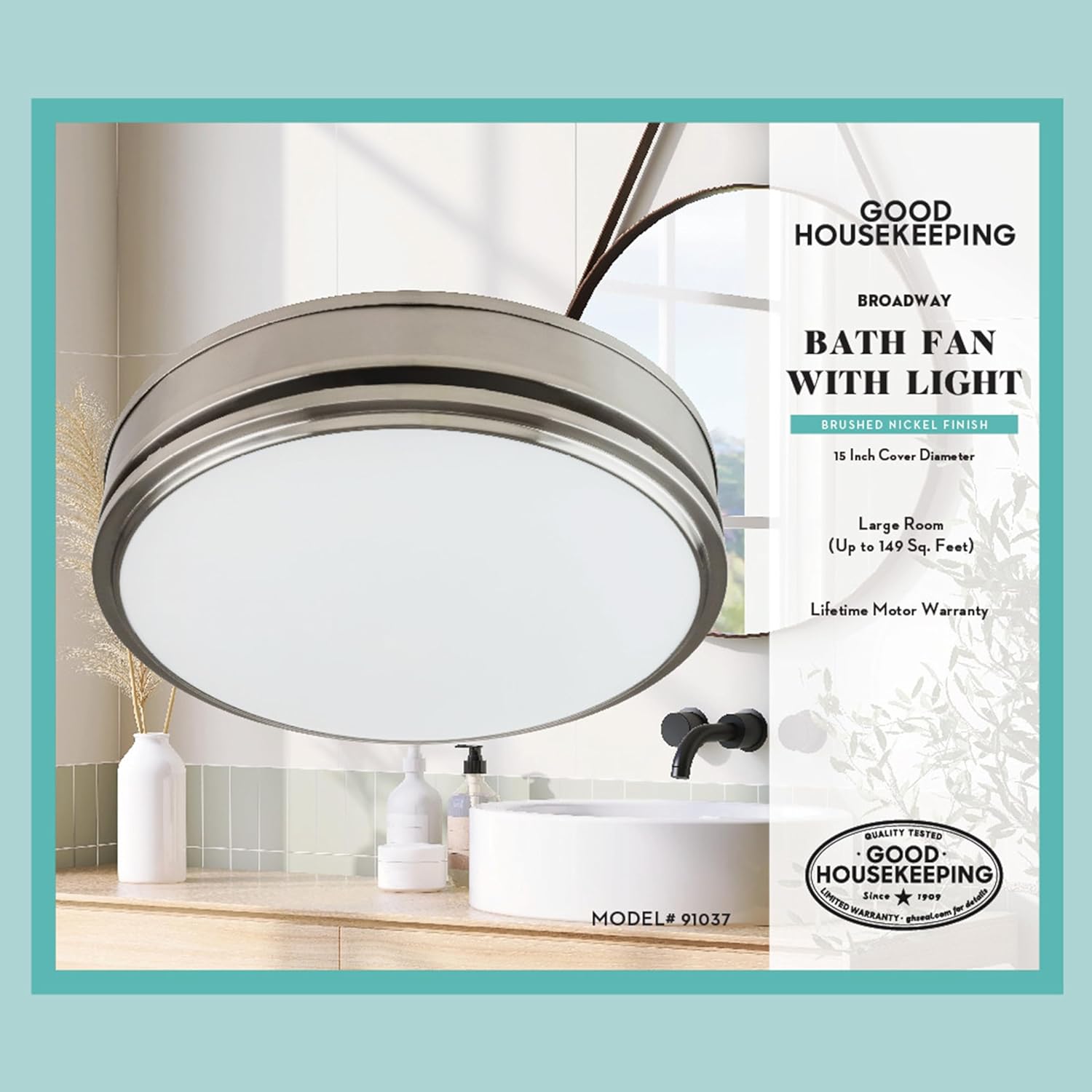 Good Housekeeping 91037 Broadway Decorative 110 CFM 2.0 Sones Bathroom Ventilation Exhaust Fan with Light, Brushed Nickel (LED Bulbs Included)