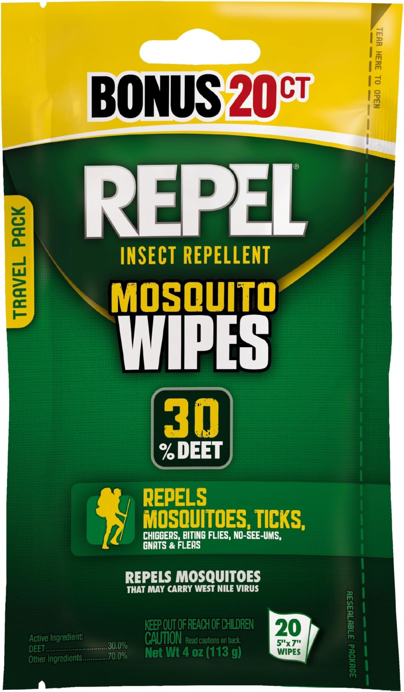 Repel Insect Repellent Mosquito Wipes 30% DEET, 20-ct