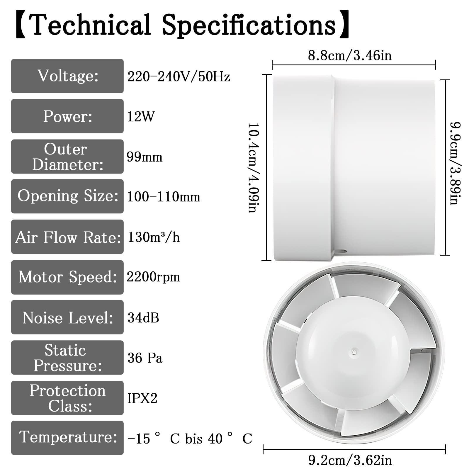Ventilador de Tubería Extractor de 100 mm/150 mm, Conducto de Escape de Humo 130 m³-320 m³/h, En Línea Silencioso para Hogar y Cocina (Ø10cm)