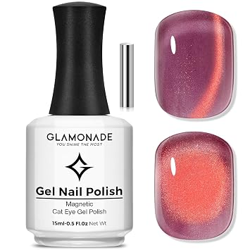 Glamonade Cat Eye Gel Nail Polish 15ml Glass Holographic Sparkly Shimmer Translucent Sheer Jelly Glitter Reflective Cat Eye Effect With Magnet Salon DIY Crystal Nail Art Raspberry Pink