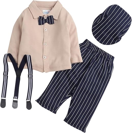 BUMZEE boys Regular Fit Full Sleeves Collar Neck Cotton Shirt Pant Set With Suspender &amp; Cap