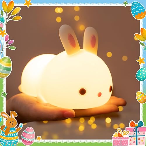 One Fire Night Light for Kids, 16 Colors Bunny Toys Cute Lamp, Soft Silicone Baby Night Light, 1200mAh Portable Dimmable Touch Lamps, Kawaii Room Decor, Easter Bunny Gift for 0-13 Year Old Girl Teens - White
