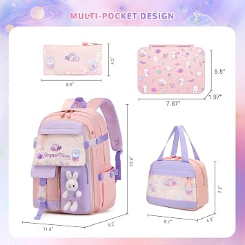 FIXITOK Girls Backpack with Bento Lunch Box Set, Kawaii Bunny School Backpack for Girls with Leak-proof Lunch Containers Lunch Bag Pencil Case for Kindergarten Elementary Preschool School Pink