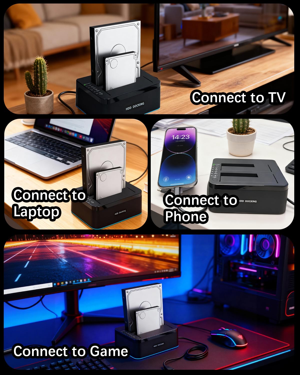 Dual-Bay RGB Hard Drive Docking Station with Offline Clone Function, 2x20TB USB 3.0 SATA HDD/SSD Duplicator Dock, UASP & Trim Support, Plug & Play for 2.5/3.5 Inch HDD/SSD, Includes USB-A to C Cable