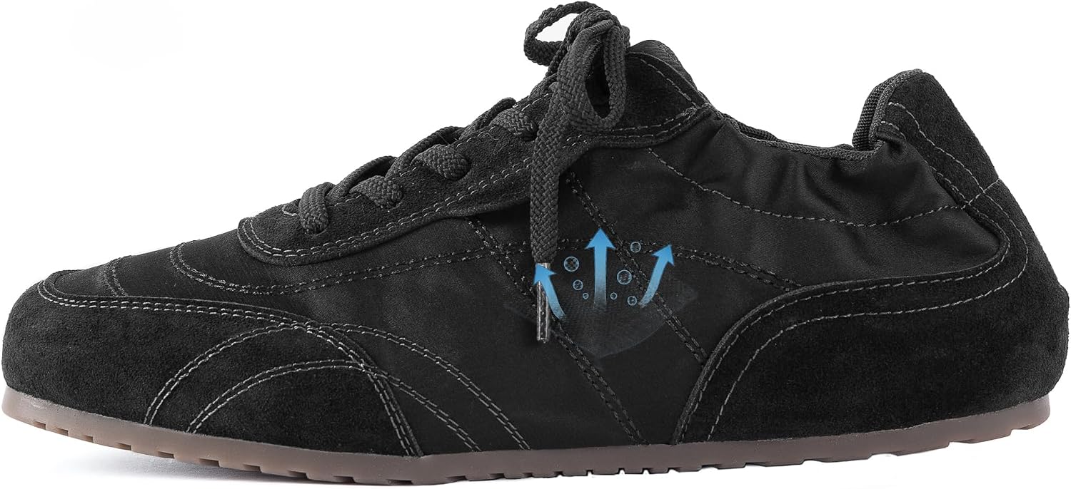 N.N.G Women Retro Suede Satin Sneakers Black Cushioned Insole 4-Way Breathable Casual Daily Walking Shoes Commuting Lightweight Comfort, Size 8