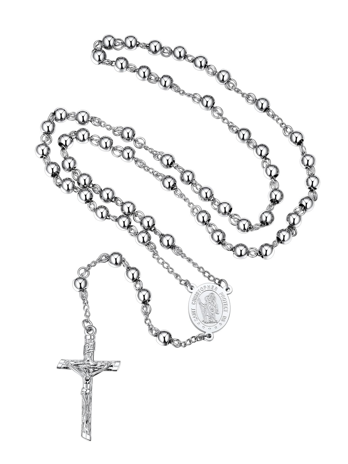 FaithHeart Rosary Beads Catholic Necklace for Men, St Michael/St Christopher/Virgin Mary Prayer Rosaries with Crucifix Cross Stainless Steel Praying