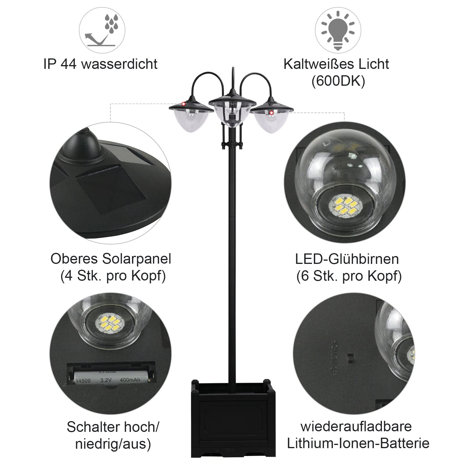 Outsunny Solar Laterne Stehleuchte Metall 189 cm IP44 Wasserdicht mit Blumentopf-Basis Schwarz