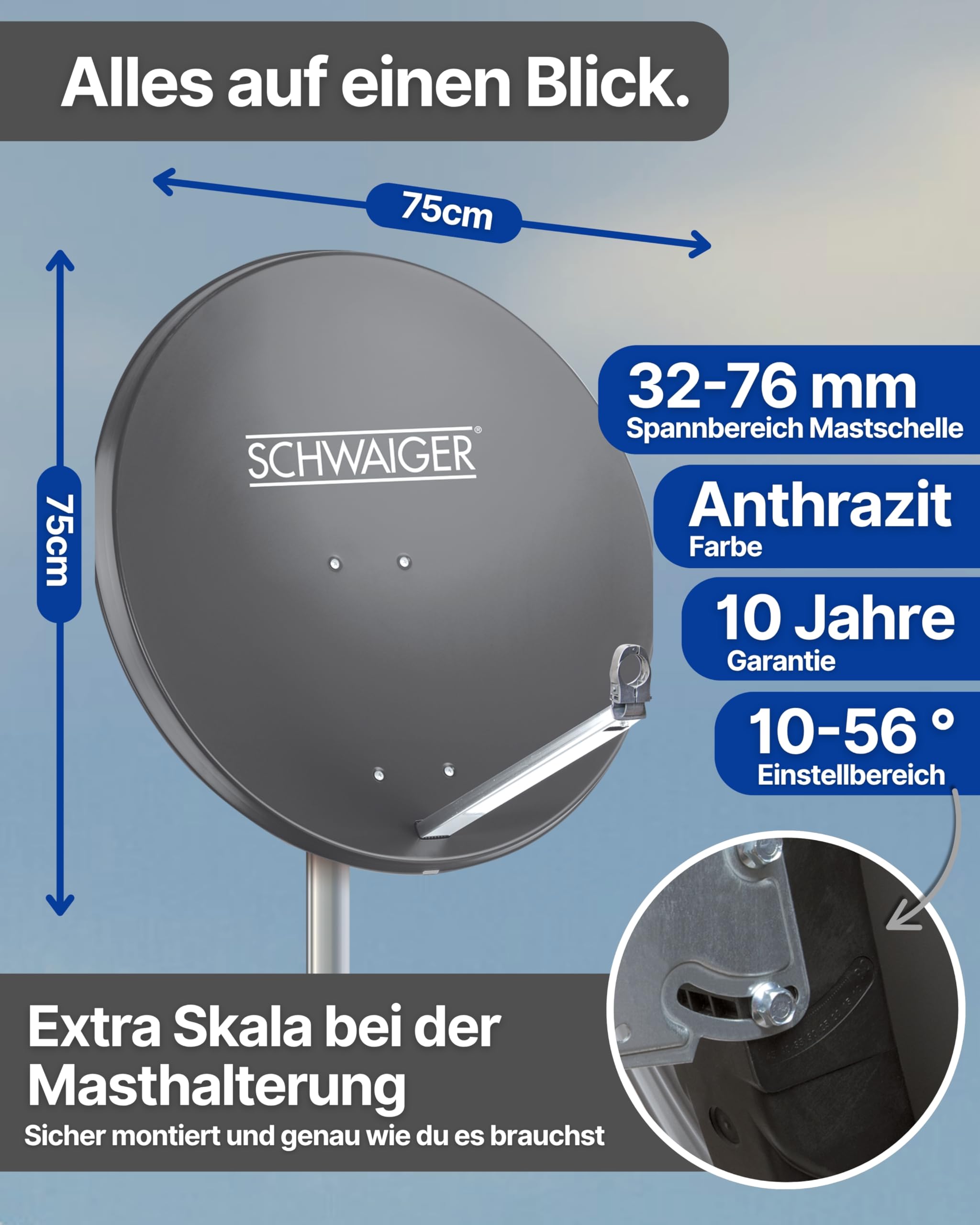 SCHWAIGER Satellitenschüssel Ø 80 cm Aluminium Offset Antenne Anthrazit Quad LNB 4-Fach Digital HD 4K Empfang wetterfest