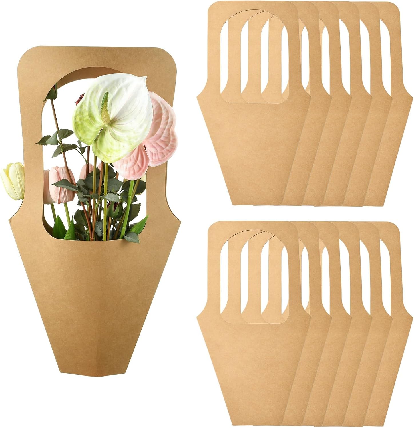 Ipotkitt 10 pcs Brown Kraft Paper Flower Bags Hand Held Bouquet Wrapping Ornaments Floral Wrapping Bags for DIY Craft Florist Shop Packaging Wedding Graduation Party Supplies