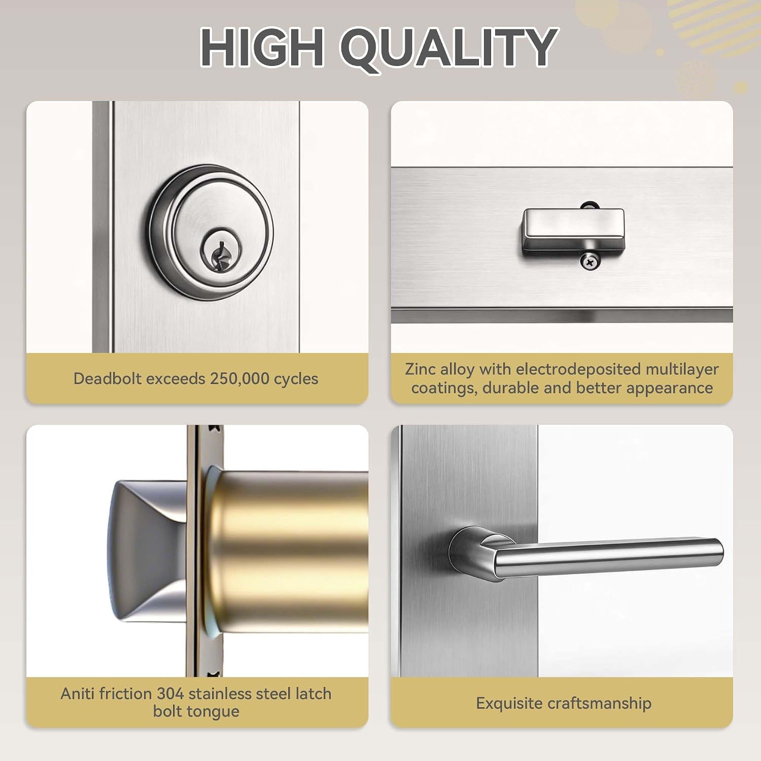 Heavy Duty Front Door Lock Set, Modern Exterior Door Handle, Non-Handed Entry Door Locksets with Deadbolt, Single Cylinder, 250,000+ Cycles, 5-1/2" (140mm) CTC, Satin Nickel
