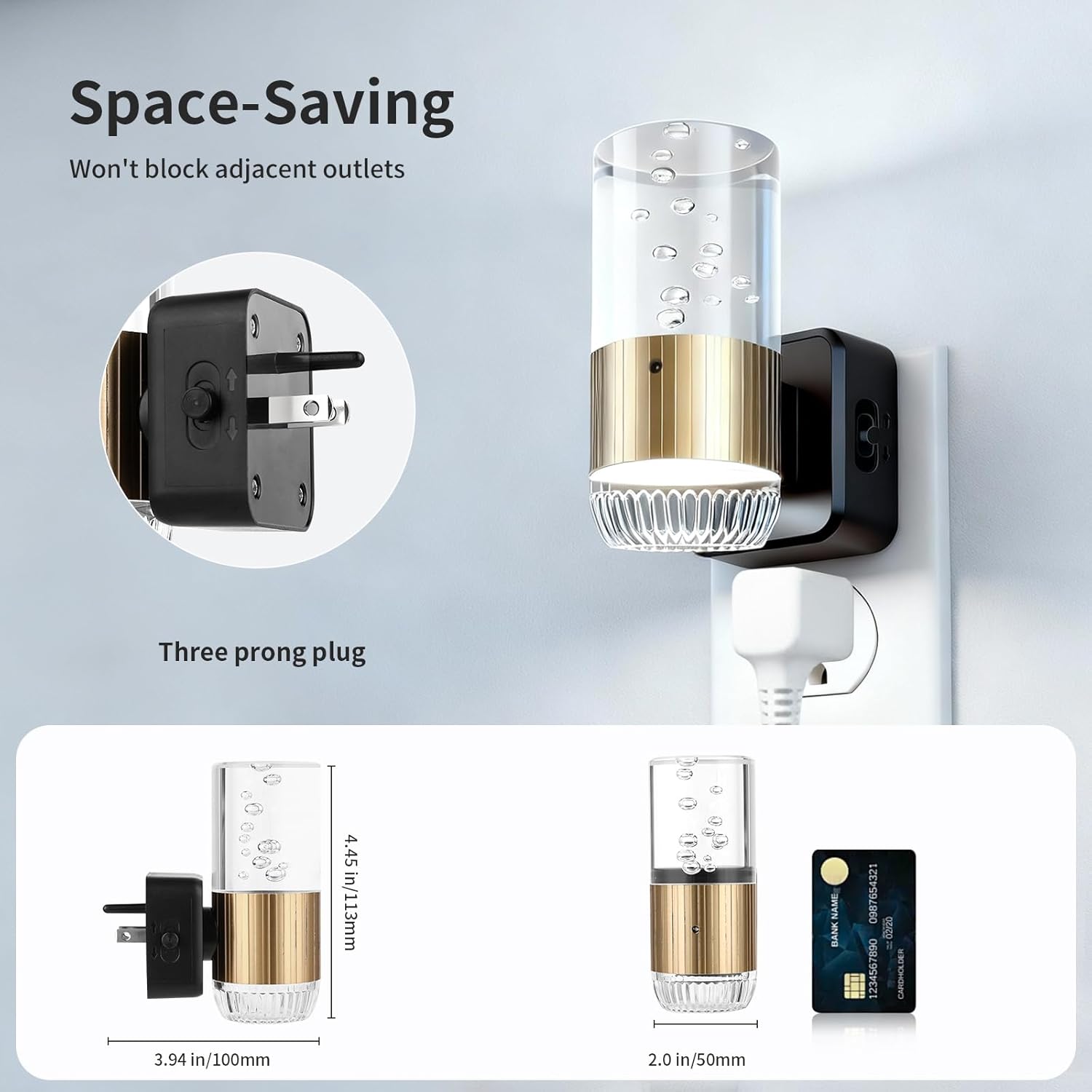 Plug in Night Light with Dusk to Dawn Sensor, Adjustable 0–100LM LED Nightlight with 3 Color Temperatures, 180° Swivel, Acrylic Bubble Light, 2 Pack for Hallway, Bathroom & Bedroom (Copper)