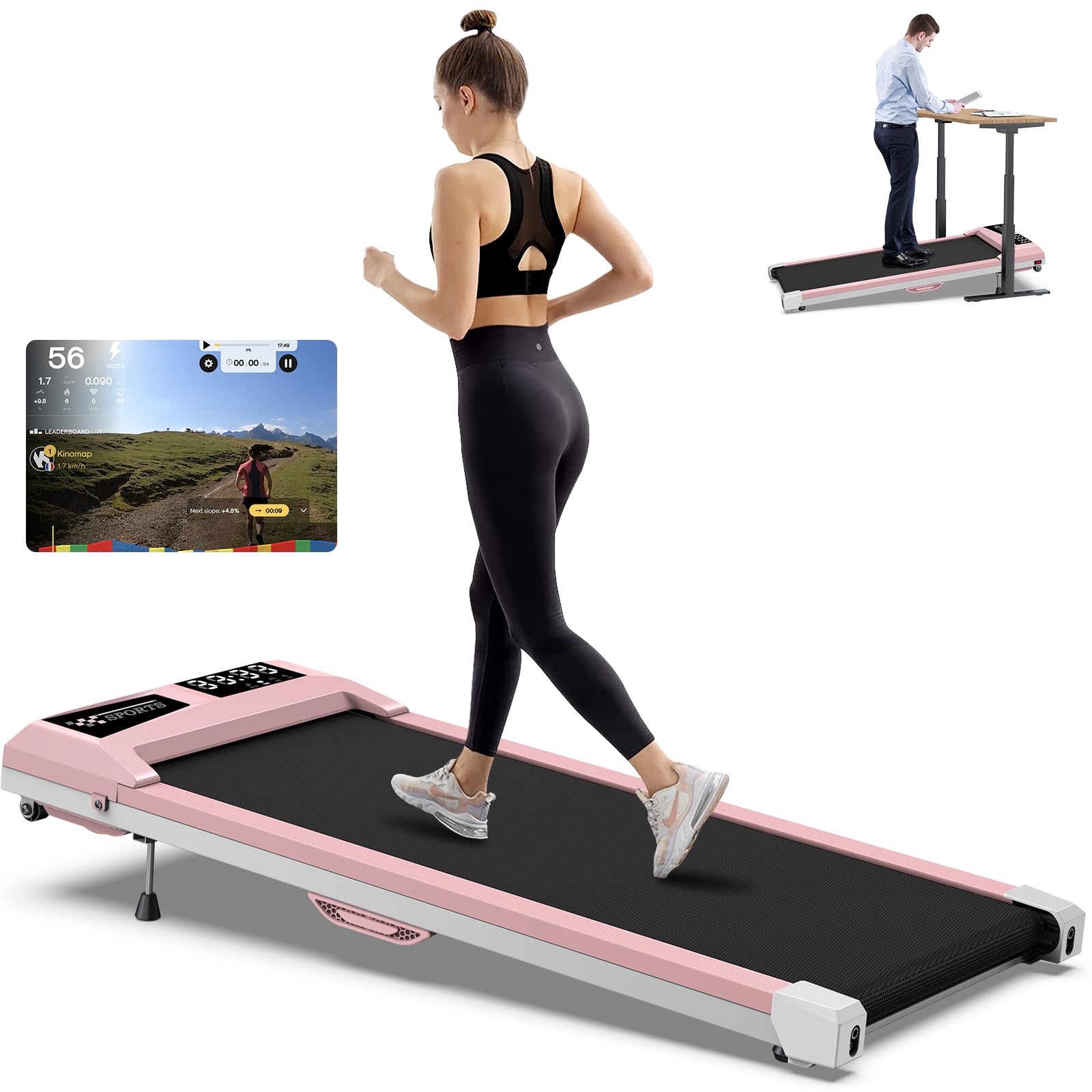 WELLFIT 10% Incline Walking Pad, 265/300+lbs Capacity Under Desk Treadmills, 29lb Lightweight Smart Treadmill with Widen Belt, Portable Treadmills Work with KINOMAP Apple Health for Home Office Small