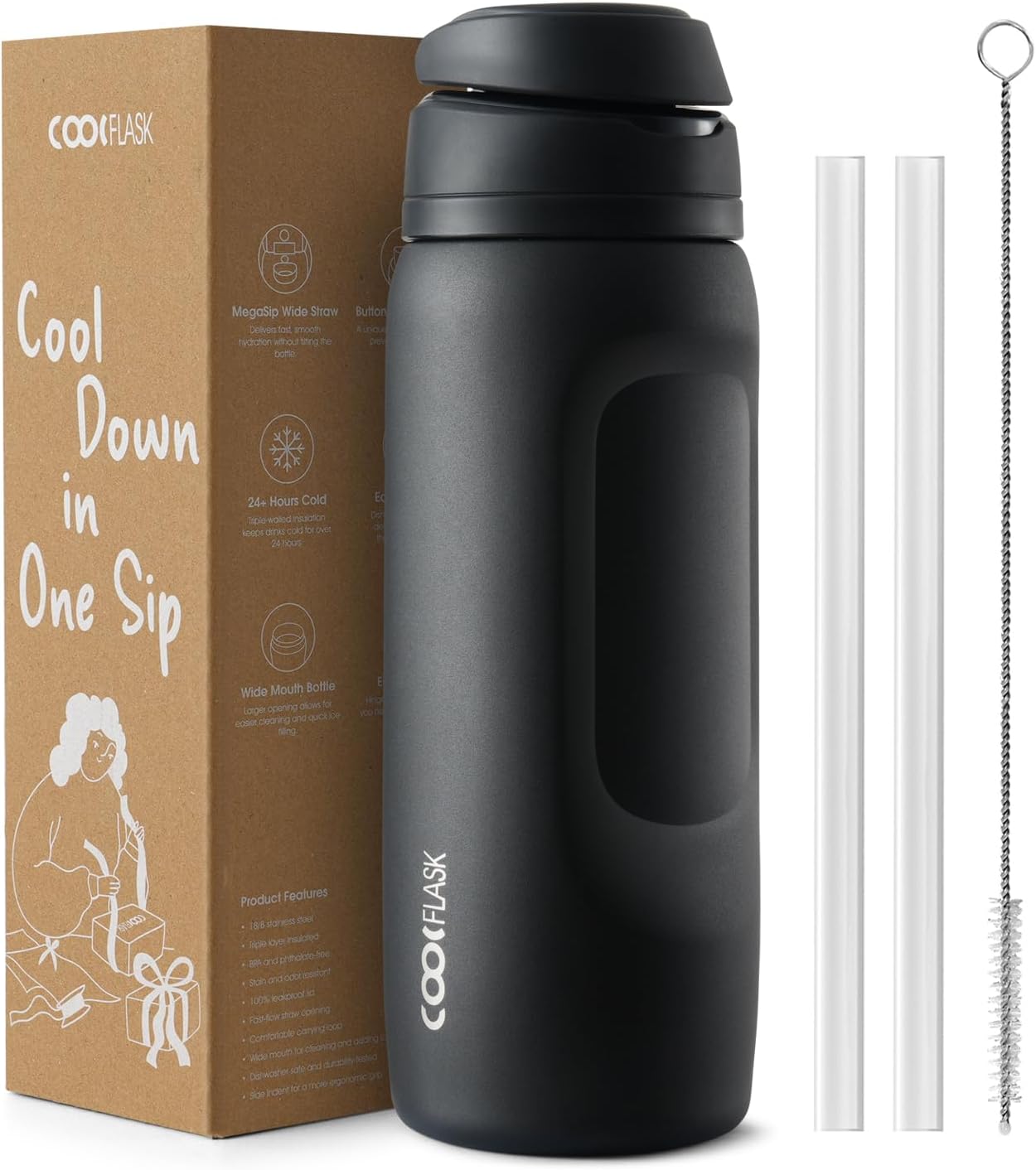 Coolflask MegaSip Stainless Steel Water Bottles 32 oz with Straw, Insulated Water Bottle Leak-Proof, 24+ Hours Cold, BPA-Free Dishwasher Safe, Water Flask for Sports Gym Work Office, Midnight Black