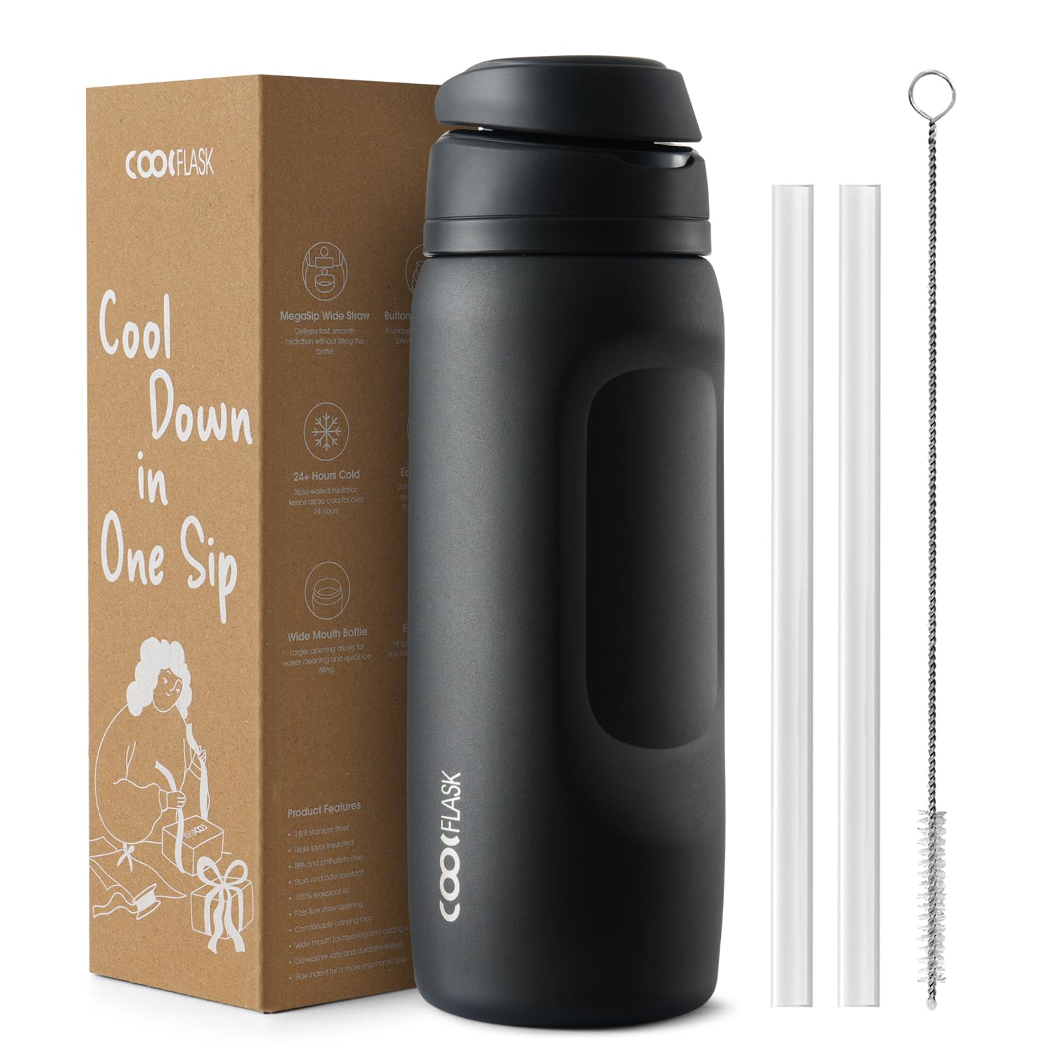 Coolflask MegaSip Water Bottle 1L with Straw, Stainless Steel Insulated Water Bottles Leak-Proof, 24+ Hours Cold, BPA-Free Dishwasher Safe, Water Flask for Sports Gym Work Office, Midnight Black