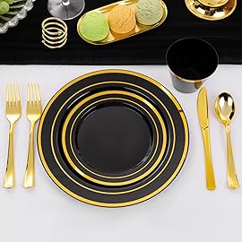 WELLIFE 150 PCS Black and Gold Disposable Dinnerware Set, Plastic Plates for Party, Including 25 Dinner Salad Plates, Cups, Forks Knives Spoons for Halloween and Party Supplies