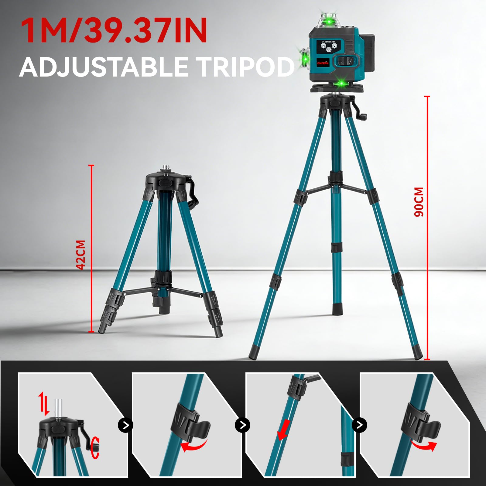 ONEVAN Livella Laser 4D 16 Linee Verdi con Treppiede 1m, Autolivellante Professionale ±3°, Portata 25m, 2 Batterie 2400mAh, IP54 Laser Croce Verde per Pavimenti, Piastrelle e Cartongesso