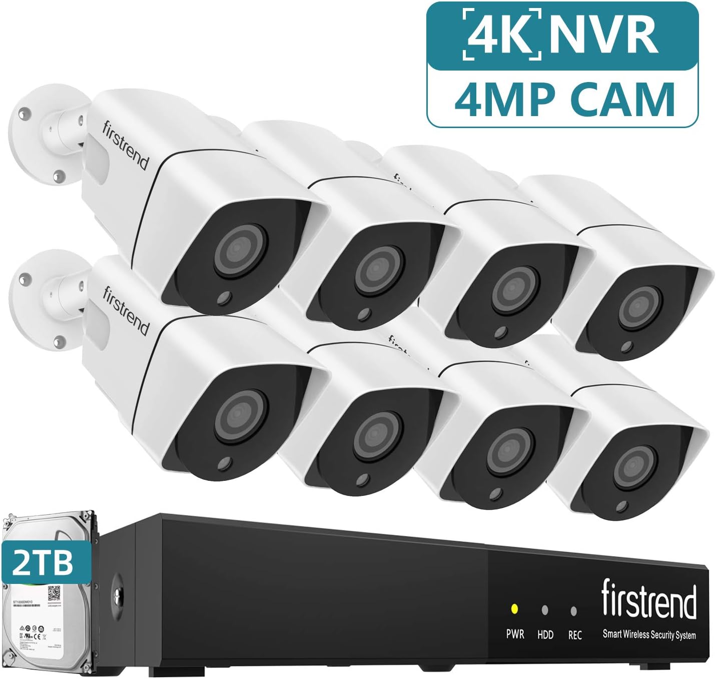 [8CH 2TB] PoE Security Camera System,Firstrend 5MP 8CH NVR with 2TB Hard Drive and 8PCS 4MP P2P Indoor Outdoor Video Camera System 65FT Night Vision Free APP