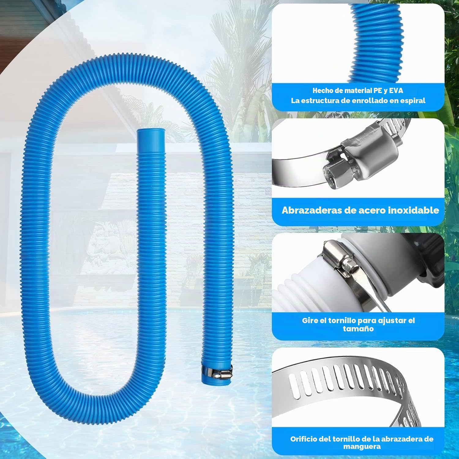 2 Piezas Manguera Piscina 32mm,150CM Tubo Piscina con 4 Abrazaderas de Metal,Manguera de Repuesto para Piscina,Manguera de Filtro de Piscina,Manguera de Bomba de Piscina para Piscinas Elevadas,Spa