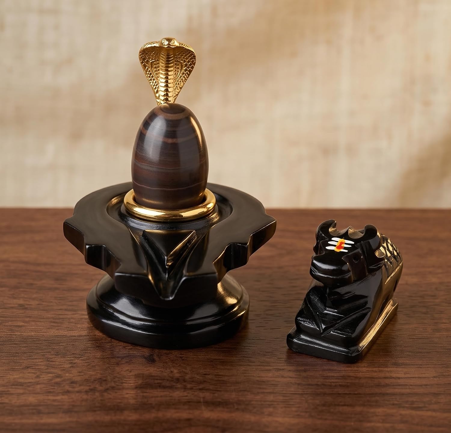 Generic Narmadeshwar Shivling with Golden Brass Snake & Stone Nandi - Image 1