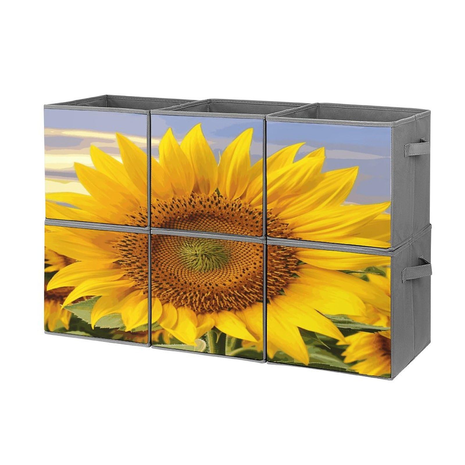 Fekiloot Style Golden Yellow Sunflower Storage Bin For Foldable And Handles,Closet Organizer Of 6-Pack Stackable,Storage Box For Living,Room, Office,Bedroom,Closet