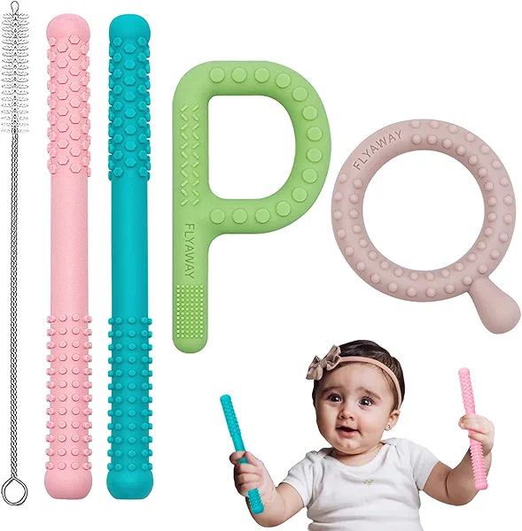 Sensory Chew Toys for Kids with Autism, Teething Sticks for Babies Toddlers 4 Pack, Silicone Teething Tubes for Infants Children with SPD ADHD Oral Motor Stimulation