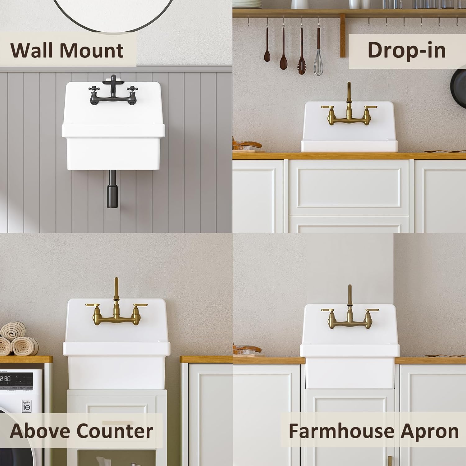 21 Inch Wall Mount Utility Sink, High Back Farmhouse Sink, White Ceramic Bathroom Sink Above Counter, Floating Porcelain Laundry Tub for Kitchen, Bathroom, Garage (21.3" x 16.2")