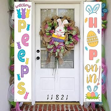 Easter Door Banner Porch Decor - Welcome Peeps Porch Sign - Bunny Hanging Banners Porch Decorations for Front Door Outside Yard Garden Party Supplies