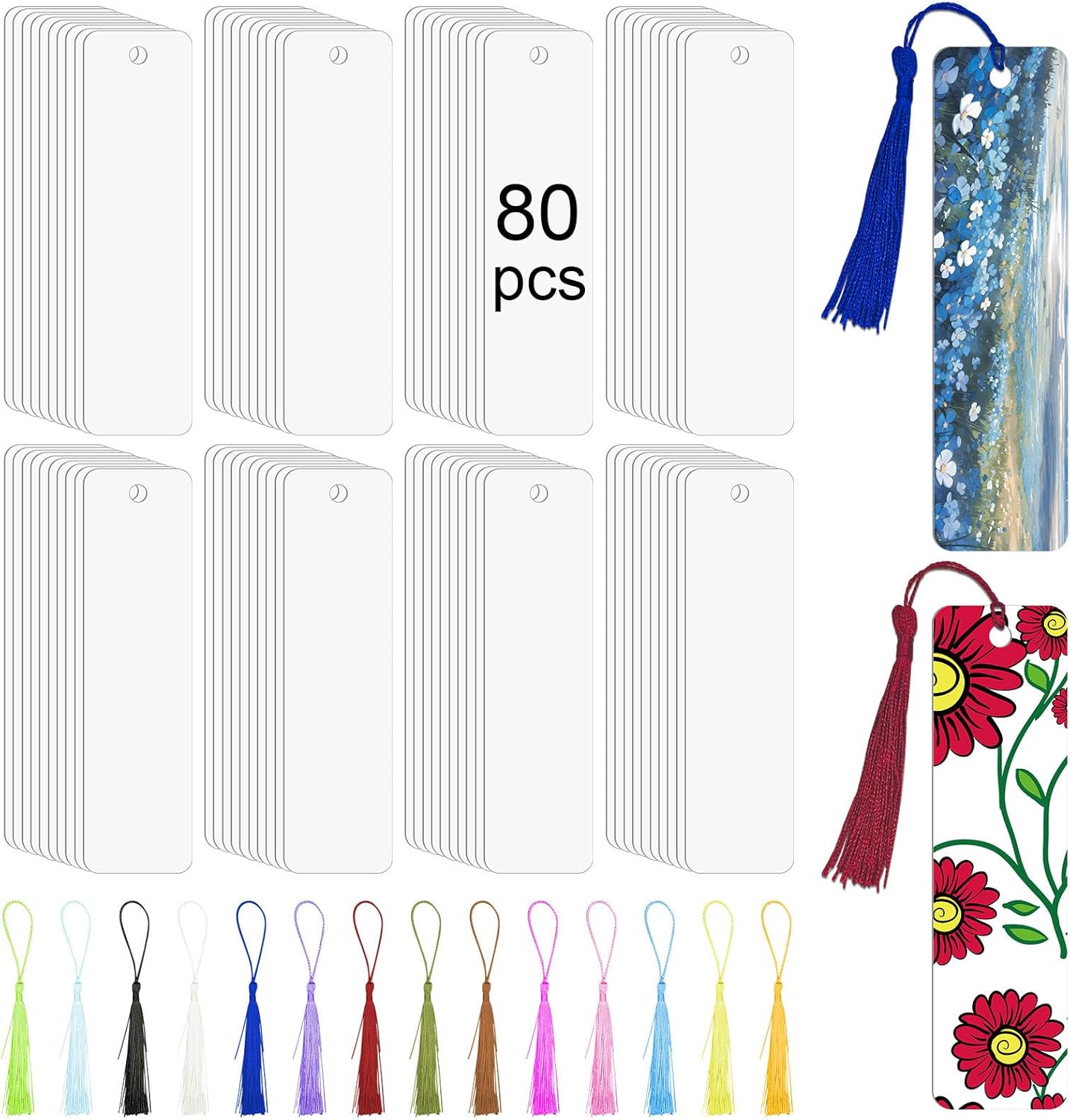 80 Pcs sublimation bookmarks,sublimation bookmark blank Aluminum Metal Bookmarks Bulk DIY Bookmarks with Hole and Colorful Tassels for Crafts Reading School Office Supplies, White