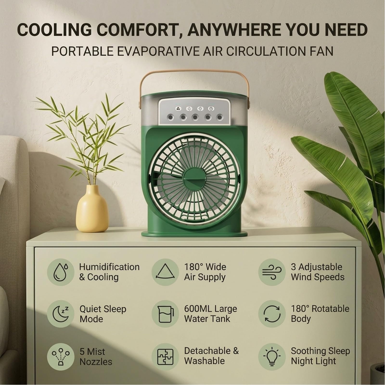 Ventilateur Brumisateur Portable Rechargeable Green | Réservoir D’Eau 600mL, Refroidissement À 3 Vitesses, Design Alimenté Par Batterie, Pour Camping Extérieur Maison Bureau