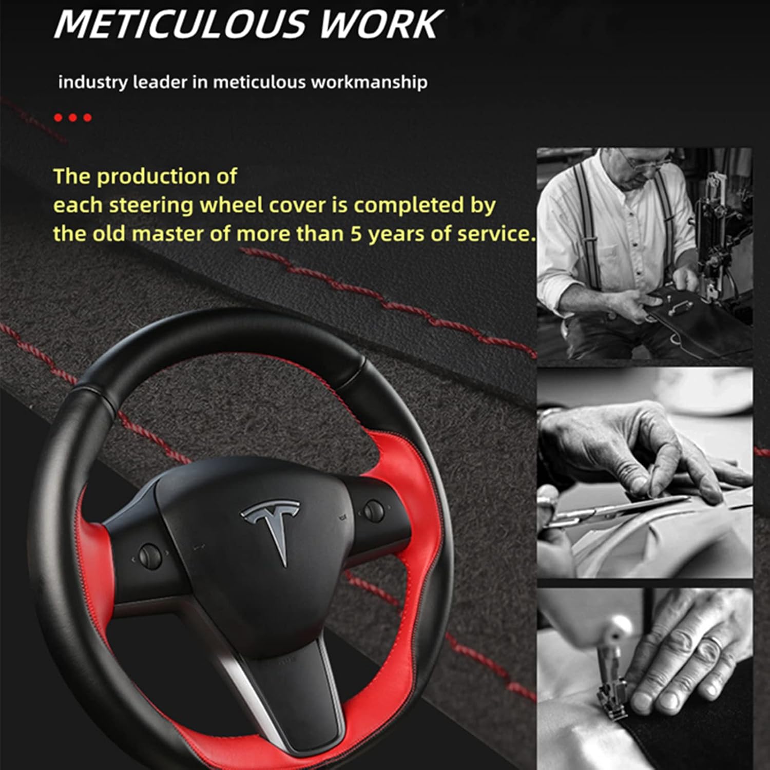 Tesla Steering Wheel Cover Microfiber Leather Hand-Stitched for Tesla Model 3/Model Y (Black-Red)