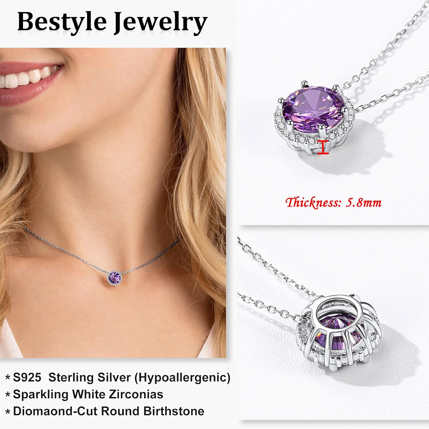 Bestyle Sparkling 925 Sterling Silver Birthstone Necklaces for Women, Created Heart/Round/Teardrop/Square Crystal Solitaire Pendant Diamond Necklace, Great Birthday/Anniversary/Wedding Gifts - Image 4
