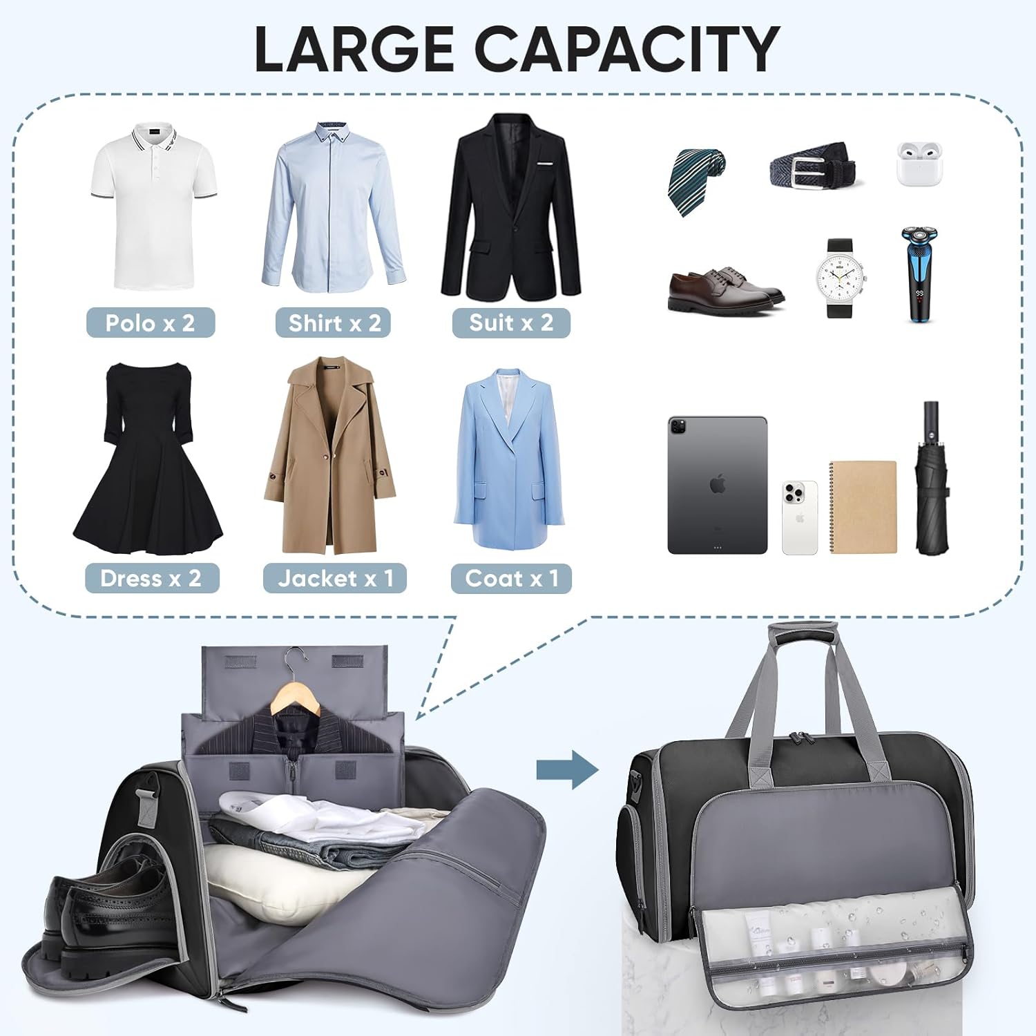 BALEINE Convertible Travel Garment Bag, Travel Suit Bag for Men, 2 in 1 Carry on Garment Bag for Hanging Clothes, Garment Duffel Bag for Travel Business (Black) - Image 5